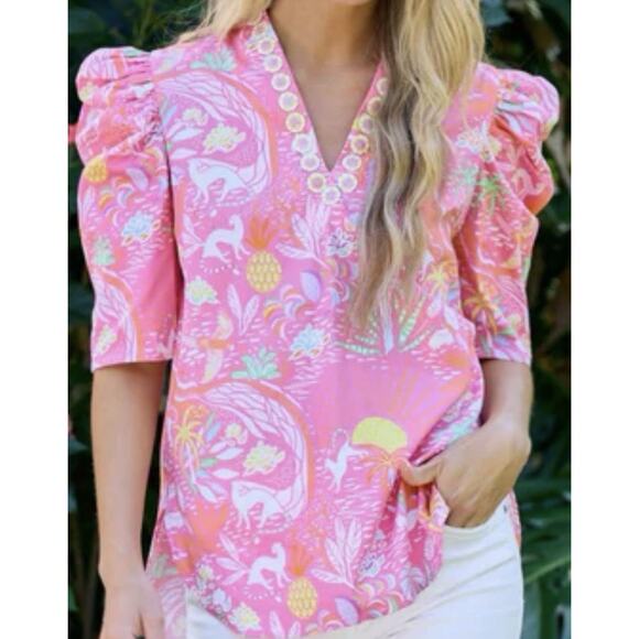 Sheridan French Natalie Blouse Pink Whimsical Island Sunrise Animals Safari XS - Picture 4 of 4